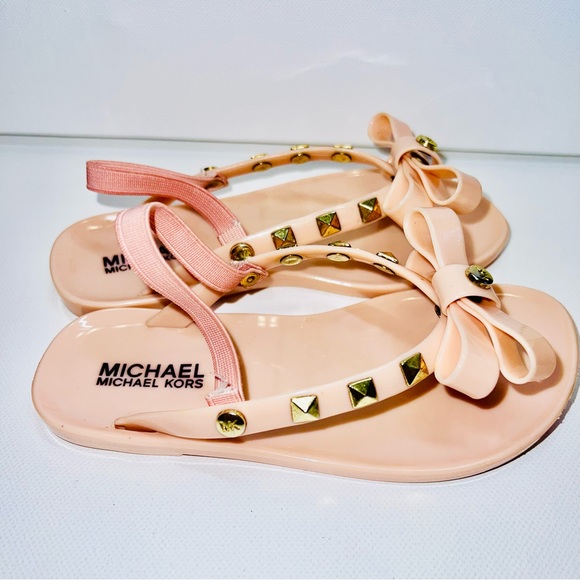 MICHAEL Michael Kors Studded Thong Sandals 9 Pink Bow Girls Heel Strap Jellies - Picture 3 of 6